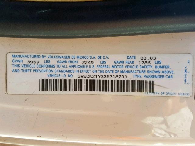 3VWCK21Y33M318703 - 2003 VOLKSWAGEN NEW BEETLE კრემისფერი ფოტო 10