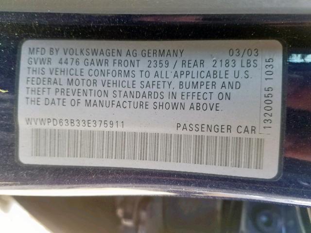 WVWPD63B33E375911 - 2003 VOLKSWAGEN PASSAT GLS BLUE photo 10