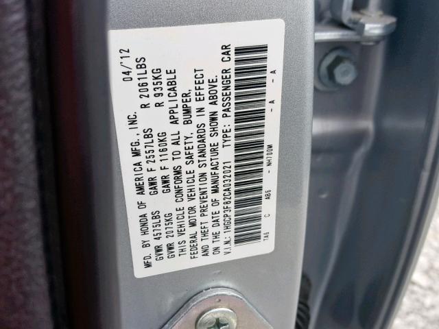 1HGCP3F82CA032021 - 2012 HONDA ACCORD EXL SILVER photo 10