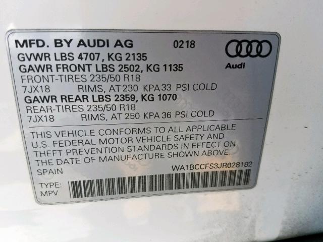 WA1BCCFS3JR028182 - 2018 AUDI Q3 PREMIUM WHITE photo 10