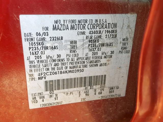 4F2CZ06184KM03950 - 2004 MAZDA TRIBUTE ES 红色 照片 10