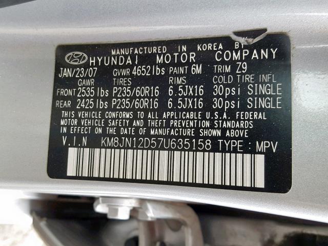 KM8JN12D57U635158 - 2007 HYUNDAI TUCSON SE SILVER photo 10