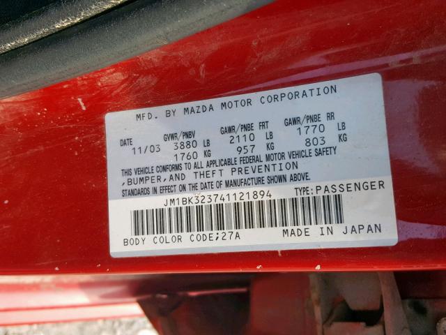 JM1BK323741121894 - 2004 MAZDA 3 S RED photo 10