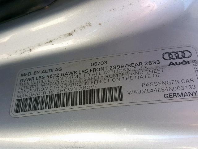 WAUML44E54N003133 - 2004 AUDI A8 L QUATT SILVER photo 10