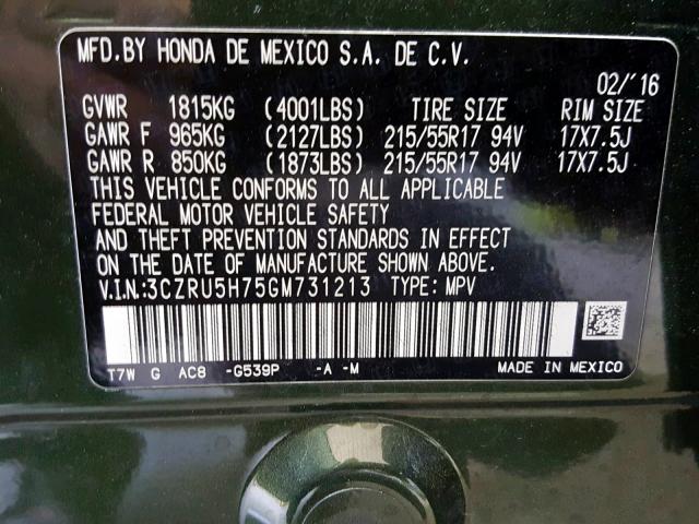 3CZRU5H75GM731213 - 2016 HONDA HR-V EXL GREEN photo 10