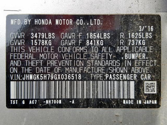 JHMGK5H79GX036518 - 2016 HONDA FIT EX SILVER photo 10