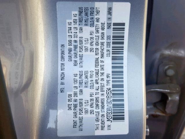 JM3TB38V180161534 - 2008 MAZDA CX-9 GRAY photo 10