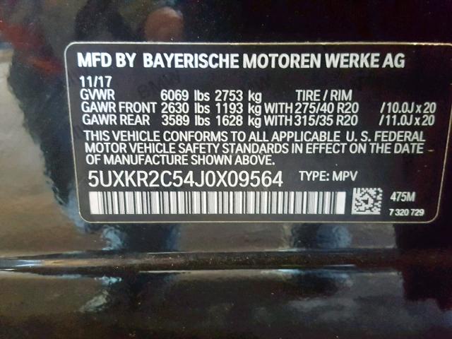 5UXKR2C54J0X09564 - 2018 BMW X5 SDRIVE3 BLACK photo 10