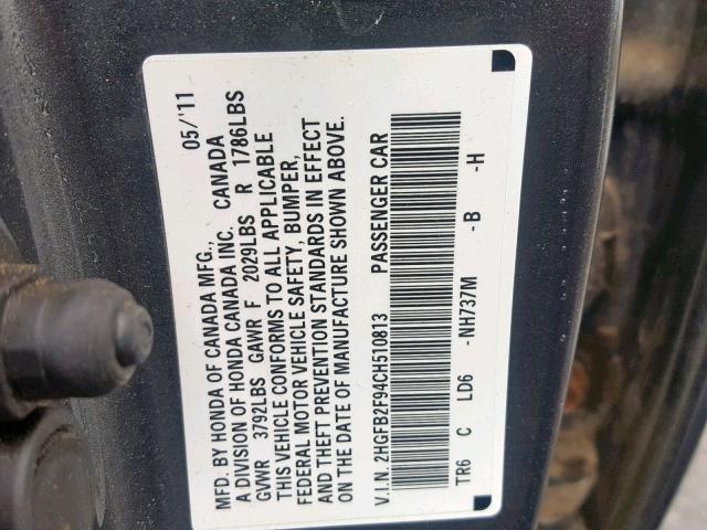 2HGFB2F94CH510813 - 2012 HONDA CIVIC EXL ნაცრისფერი ფოტო 10