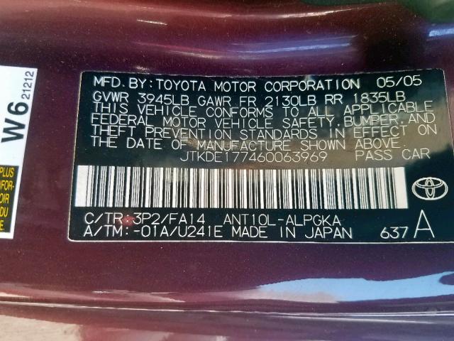 JTKDE177460063969 - 2006 TOYOTA SCION TC ბურგუნდია ფოტო 10