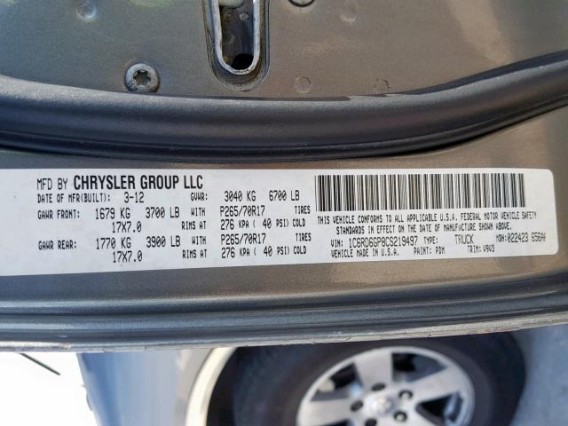 1C6RD6GP8CS219497 - 2012 DODGE RAM 1500 S GRAY photo 10