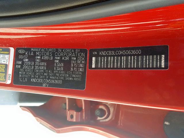 KNDCB3LC0H5063600 - 2017 KIA NIRO FE RED photo 10