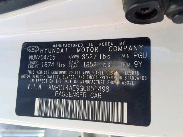 KMHCT4AE9GU051498 - 2016 HYUNDAI ACCENT SE WHITE photo 10