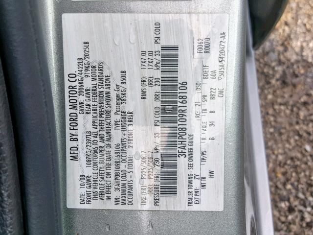 3FAHP08109R168106 - 2009 FORD FUSION SEL GRAY photo 10