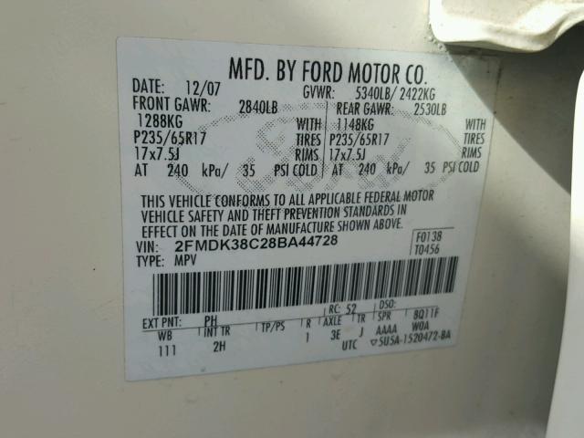 2FMDK38C28BA44728 - 2008 FORD EDGE SEL CREAM photo 10