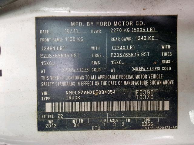 NM0LS7ANXCT084354 - 2012 FORD TRANSIT CO WHITE photo 10