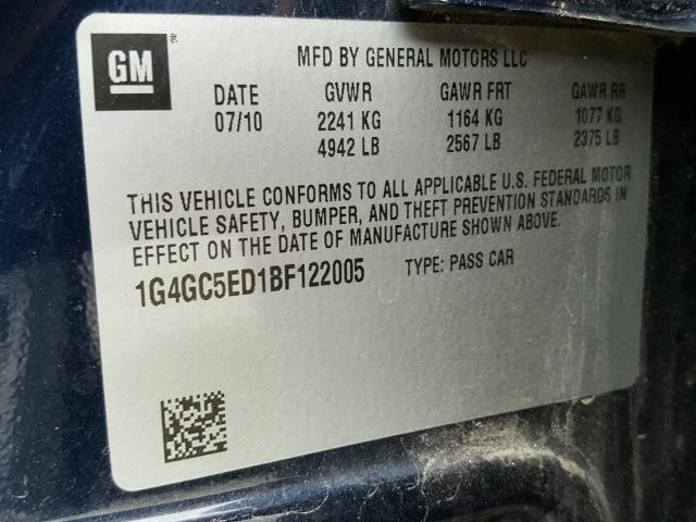 1G4GC5ED1BF122005 - 2011 BUICK LACROSSE C BLUE photo 10