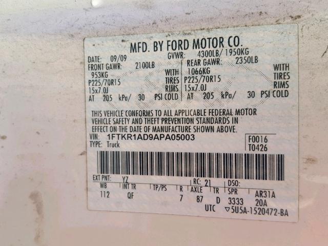 1FTKR1AD9APA05003 - 2010 FORD RANGER WHITE photo 10