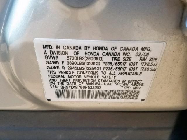 2HNYD18766H533919 - 2006 ACURA MDX TOURIN SILVER photo 10