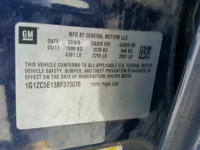 1G1ZC5E13BF375676 - 2011 CHEVROLET MALIBU 1LT BLUE photo 10