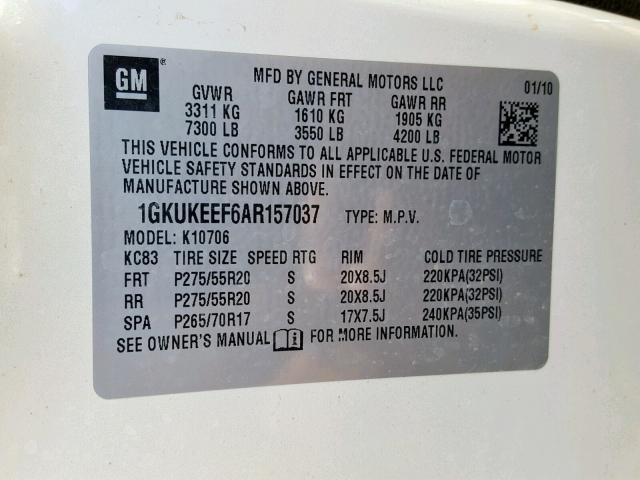 1GKUKEEF6AR157037 - 2010 GMC YUKON DENA WHITE photo 10