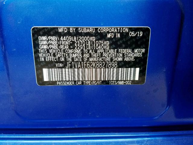 JF1VA1F62K8827898 - 2019 SUBARU WRX LIMITE BLUE photo 10