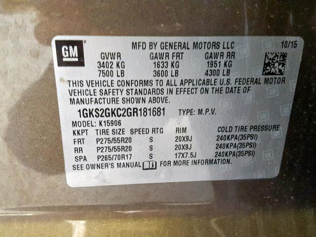 1GKS2GKC2GR181681 - 2016 GMC YUKON XL K BROWN photo 10