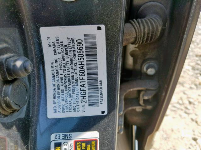 2HGFA1F60AH505690 - 2010 HONDA CIVIC LX-S GRAY photo 10