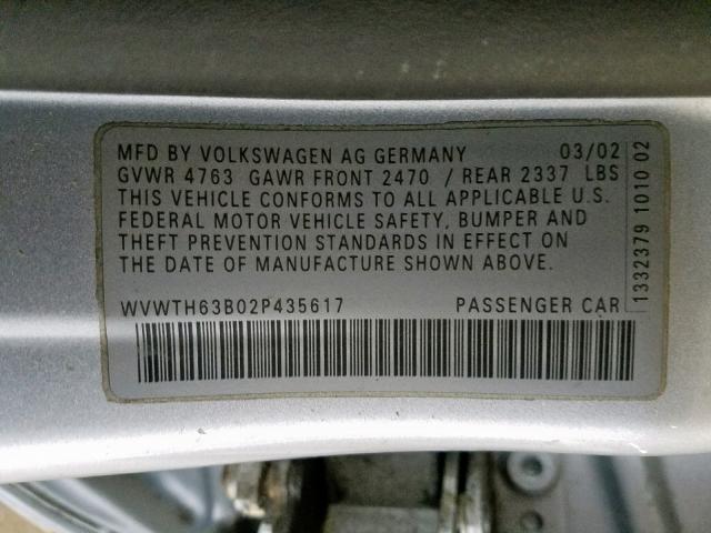 WVWTH63B02P435617 - 2002 VOLKSWAGEN PASSAT GLX 银色 照片 10