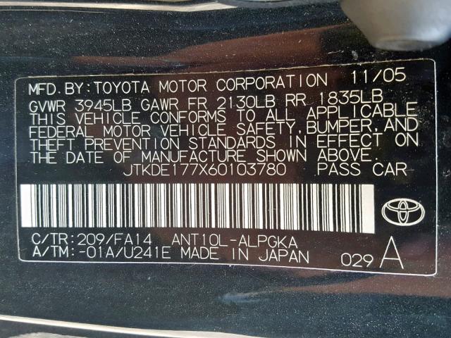 JTKDE177X60103780 - 2006 TOYOTA SCION TC შავი ფოტო 10