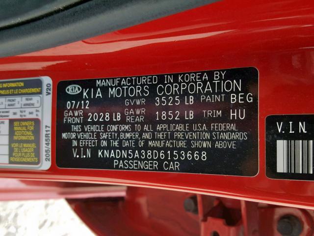 KNADN5A38D6153668 - 2013 KIA RIO EX RED photo 10