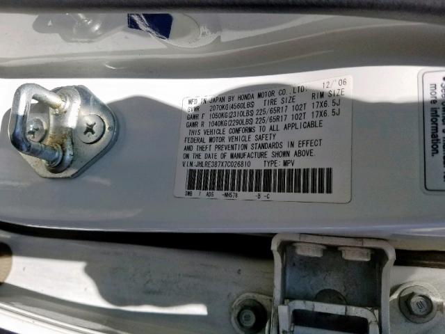 JHLRE387X7C026810 - 2007 HONDA CR-V EXL WHITE photo 10