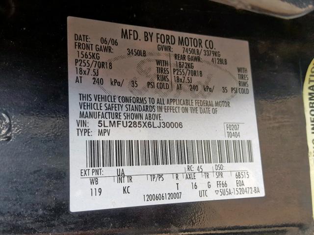 5LMFU285X6LJ30006 - 2006 LINCOLN NAVIGATOR შავი ფოტო 10