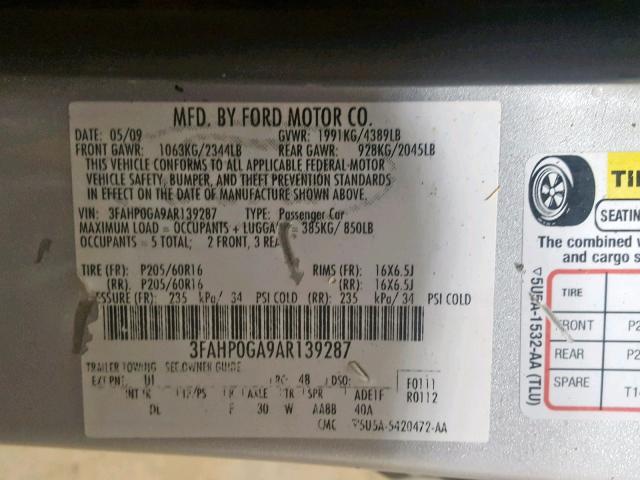 3FAHP0GA9AR139287 - 2010 FORD FUSION S GRAY photo 10