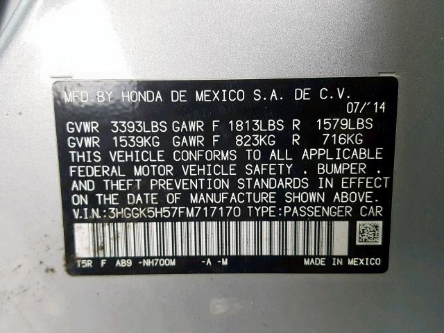 3HGGK5H57FM717170 - 2015 HONDA FIT LX SILVER photo 10