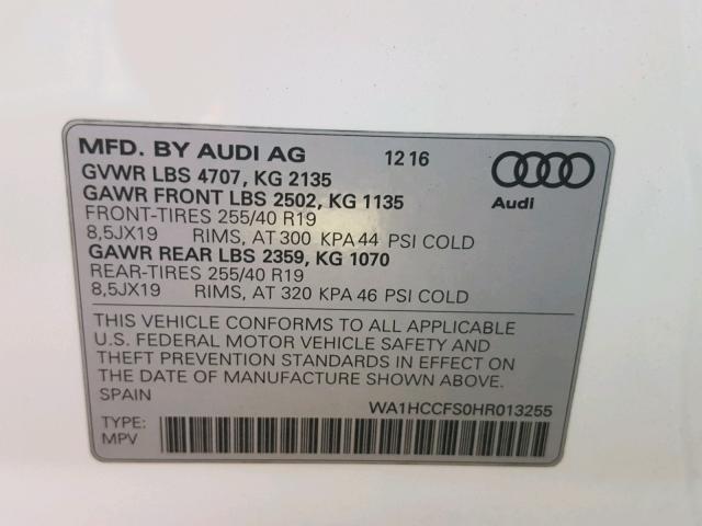 WA1HCCFS0HR013255 - 2017 AUDI Q3 PREMIUM WHITE photo 10