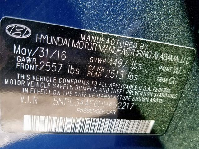 5NPE34AF6HH452217 - 2017 HYUNDAI SONATA SPO BLUE photo 10