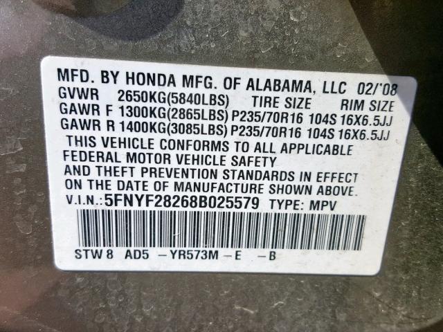 5FNYF28268B025579 - 2008 HONDA PILOT VP GOLD photo 10