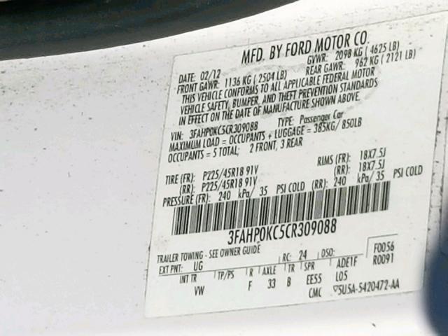 3FAHP0KC5CR309088 - 2012 FORD FUSION SPO WHITE photo 10