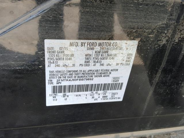 2FMTK4J93FBB79892 - 2015 FORD EDGE SEL BLACK photo 10