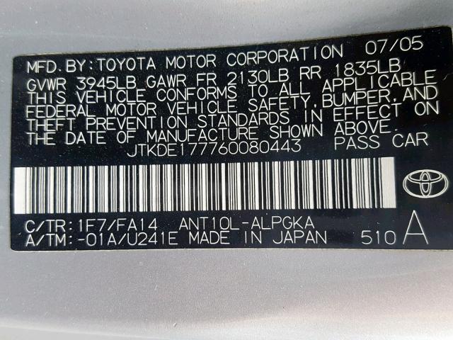JTKDE177760080443 - 2006 TOYOTA SCION TC ვერცხლისფერი ფოტო 10
