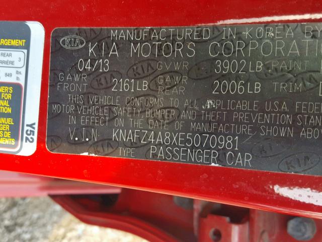 KNAFZ4A8XE5070981 - 2014 KIA FORTE EX RED photo 10