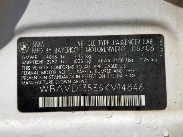 WBAVD13536KV14846 - 2006 BMW 325 XI WHITE photo 10