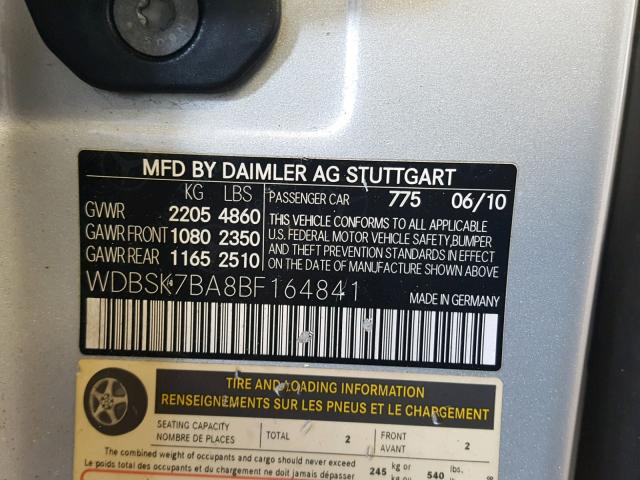 WDBSK7BA8BF164841 - 2011 MERCEDES-BENZ SL 550 SILVER photo 10