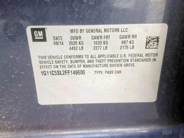 1G11C5SL2FF149606 - 2015 CHEVROLET MALIBU 1LT BLUE photo 10