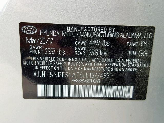 5NPE34AF6HH577492 - 2017 HYUNDAI SONATA SPO SILVER photo 10