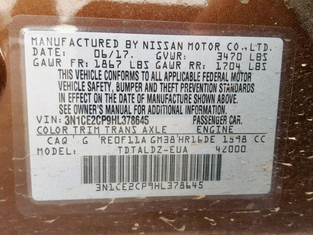 3N1CE2CP9HL378645 - 2017 NISSAN VERSA NOTE BROWN photo 10