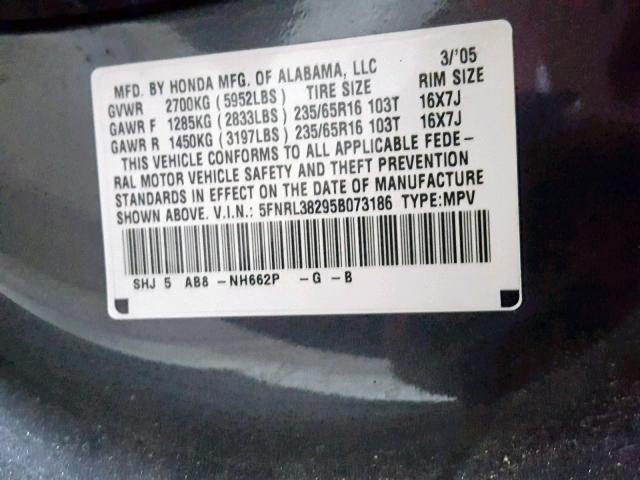 5FNRL38295B073186 - 2005 HONDA ODYSSEY LX GRAY photo 10