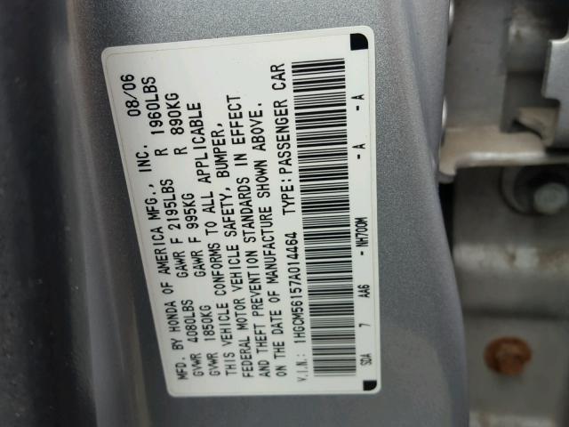 1HGCM56157A014464 - 2007 HONDA ACCORD VAL SILVER photo 10