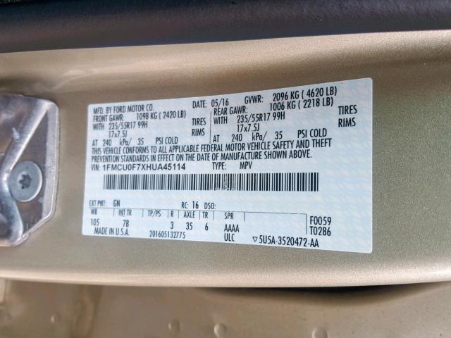 1FMCU0F7XHUA45114 - 2017 FORD ESCAPE S BEIGE photo 10